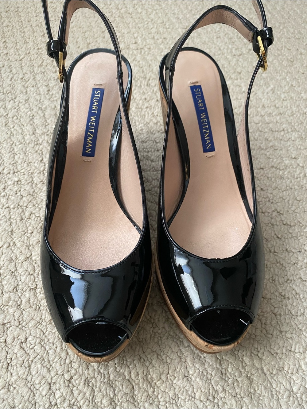 Stuart Weitzman Black Patent Leather Peep-Toe Slingback Wedges